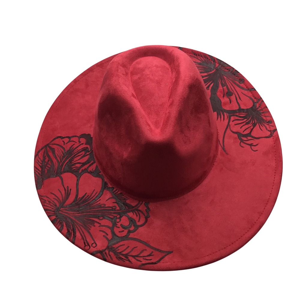 Red Faux Suede Wide Brim Fedora Hat Hand Painted Floral Hibiscus Boho Adjustable